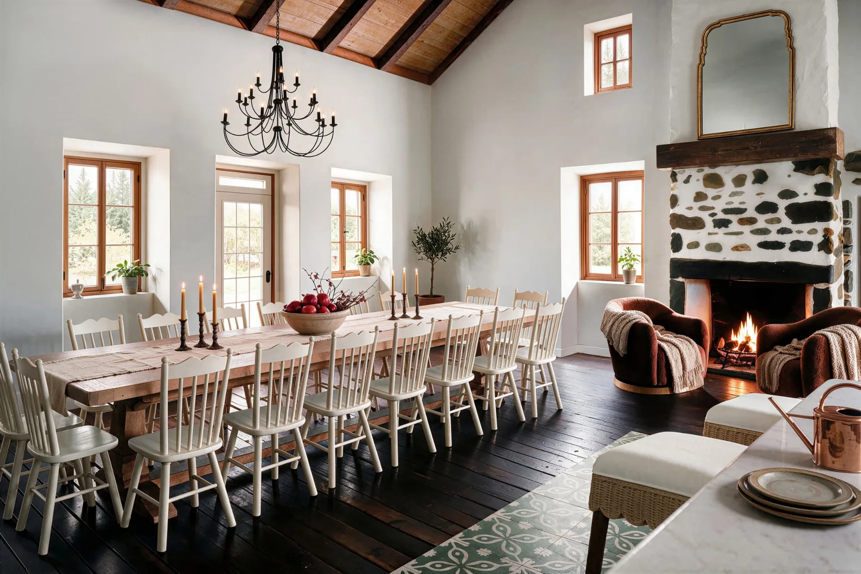 Salle de réception de la maison ancestrale avec foyer de pierre et grande table pouvant accueillir seize personnes
