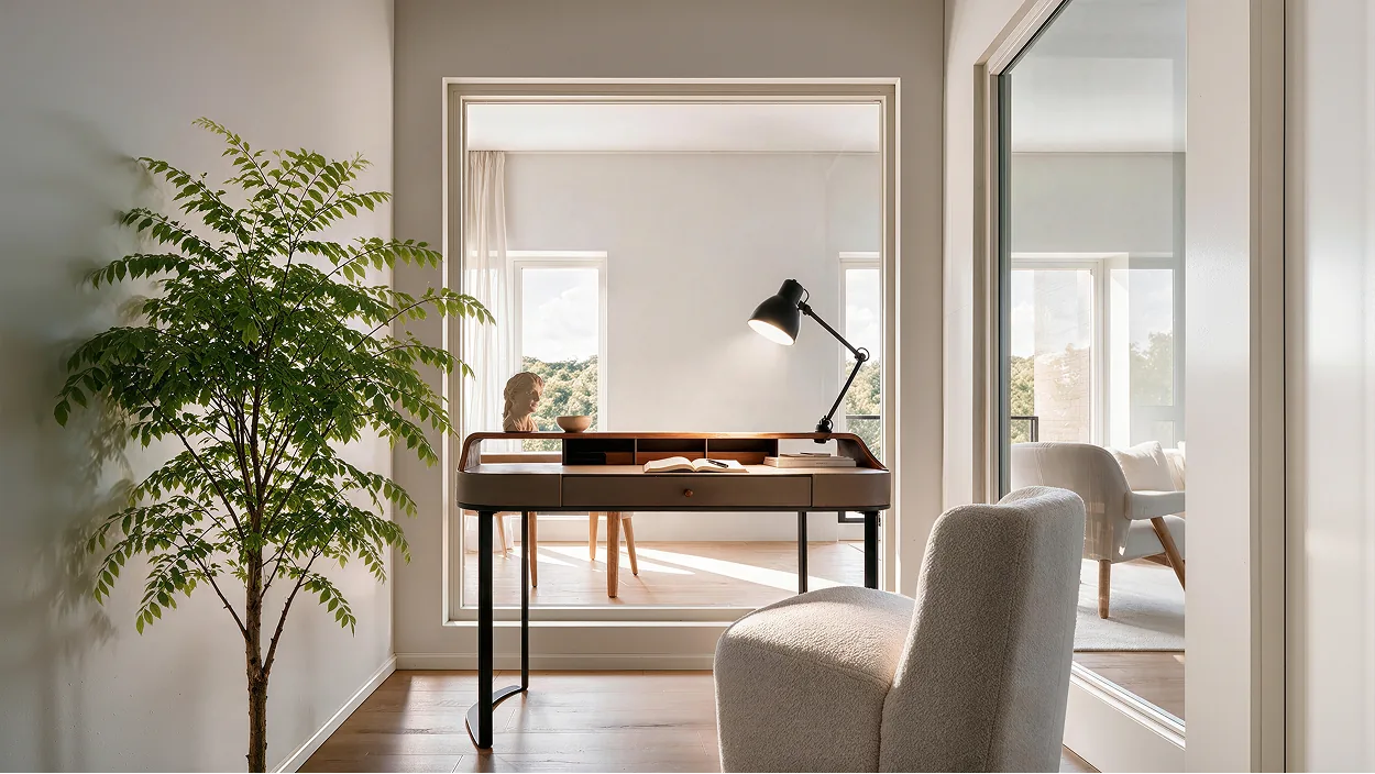 Bureau fermé d'une unité du Domaine Arboit, avec table de travail et ouverture sur le salon