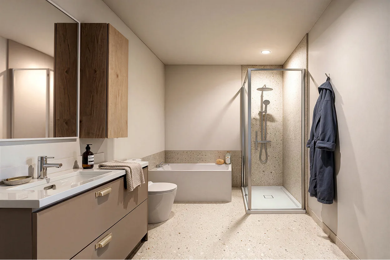 Salle de bain d'une unité du Domaine Arboit avec baignoire, douche vitrée, vanité de bois et grand miroir
