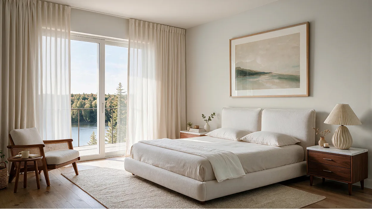 Chambre d'une unité du Domaine Arboit avec grande fenêtre et vue sur la rivière