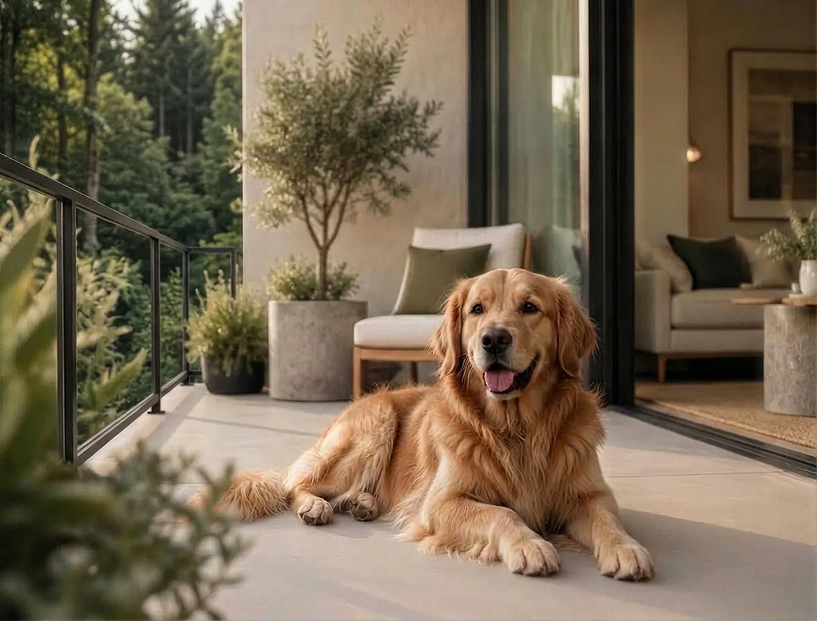 Chien couché sur le balcon d'un appartement du Domaine Arboit