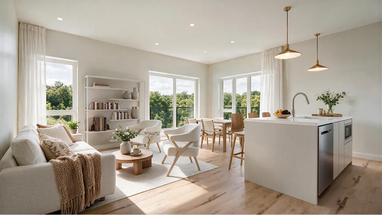 Aire ouverte d'une unité du Domaine Arboit réunissant salon, salle à manger et cuisine, avec grandes fenêtres sur les arbres