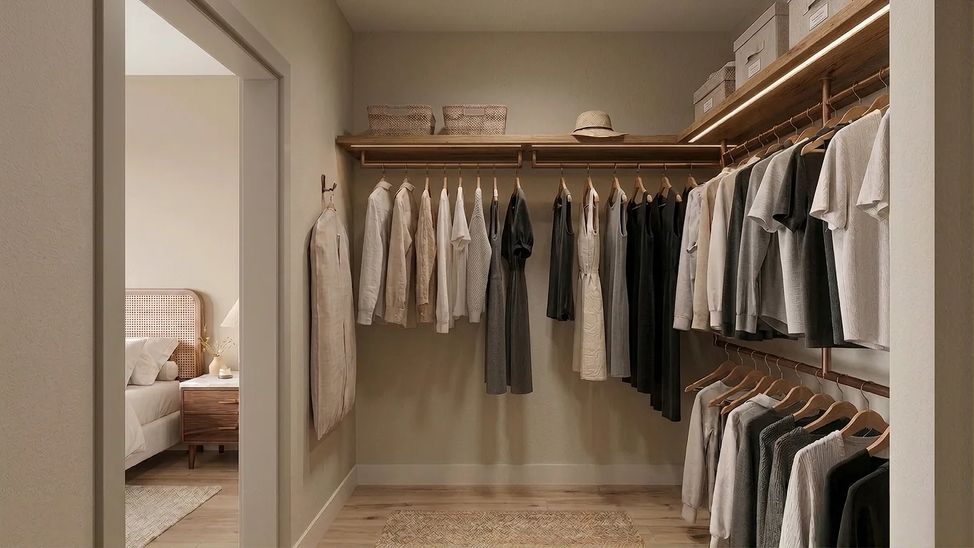 Walk-in d'une unité du Domaine Arboit avec tablettes de bois, éclairage intégré et ouverture sur la chambre