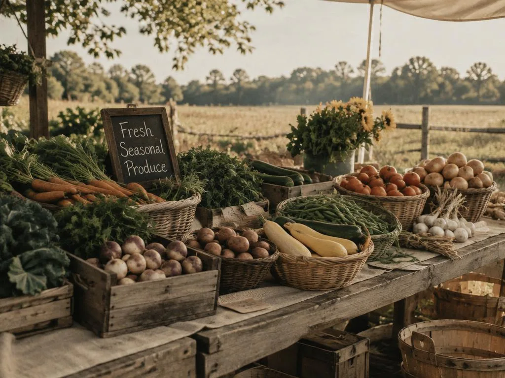 Étal de marché avec les légumes de saison des fermes du rang